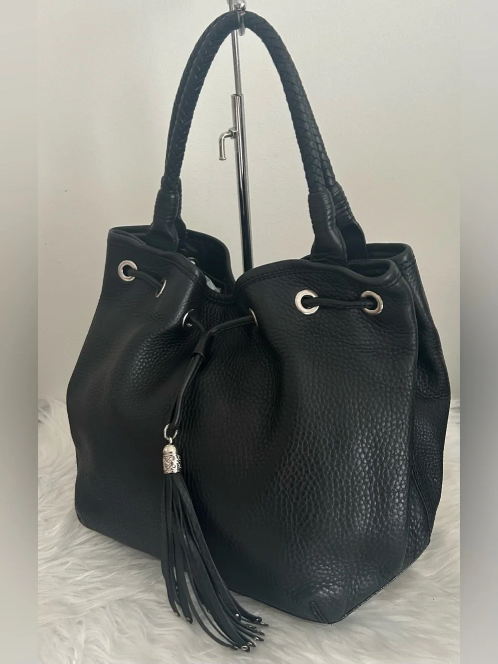 Cole Haan Black Pebbled Leather Bucket Bag Drawstring Tassel Braided Handle Tote